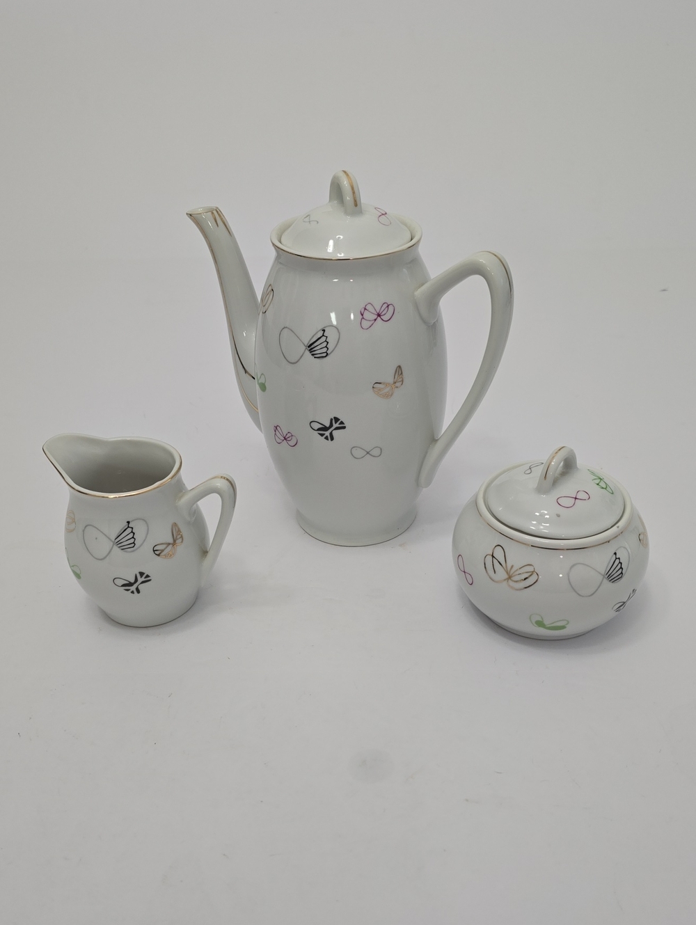 Vintage Napco Loops & Bows Teapot Sugar Bowl Creamer Ceramic Japan Butterflies
